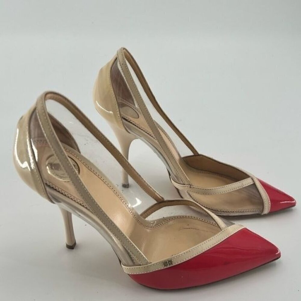 Pointed Toe Clear-Side Heels in Beige and Red